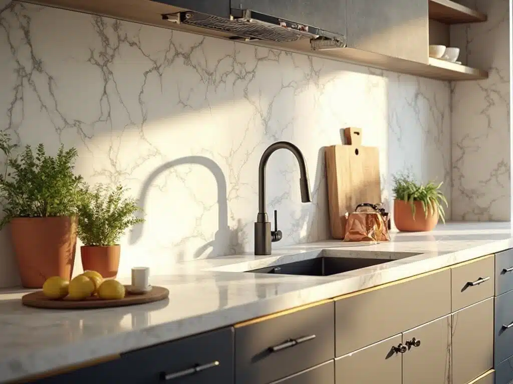 "Sunlit modern kitchen with Calacatta marble backsplash, matte black fixtures, herbs in pots and tray of lemons, captured during golden hour"