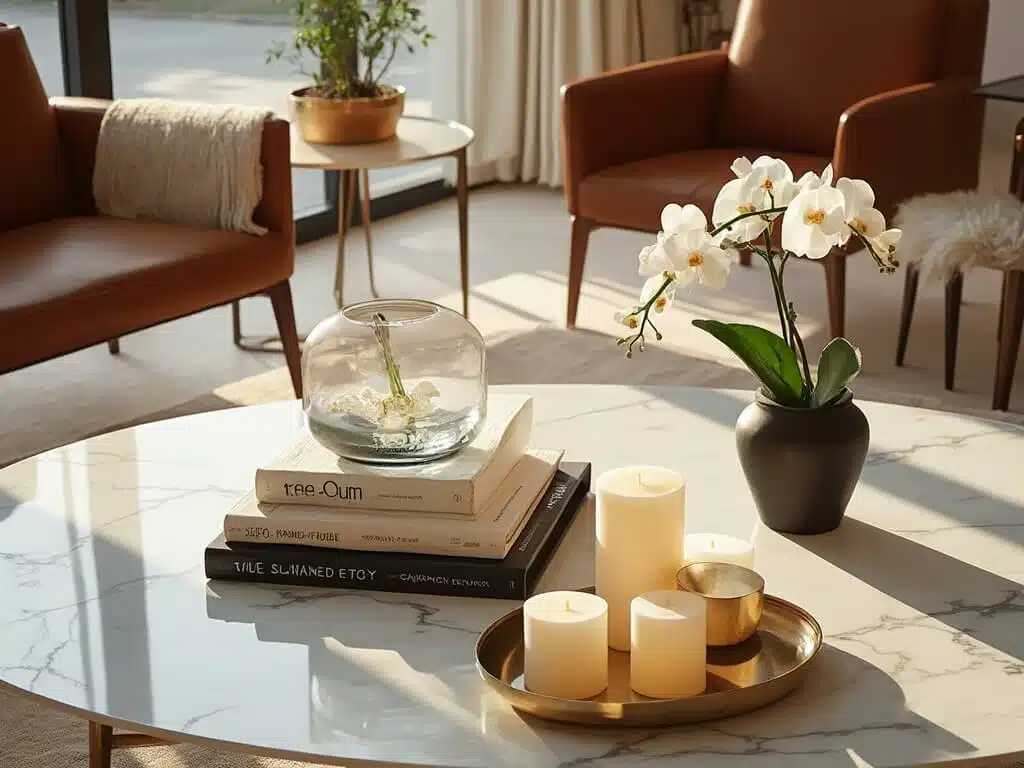 "Stylish marble coffee table with design books, glass sculpture, brass tray with pillar candles, and an orchid, in a living room bathed in golden hour light."