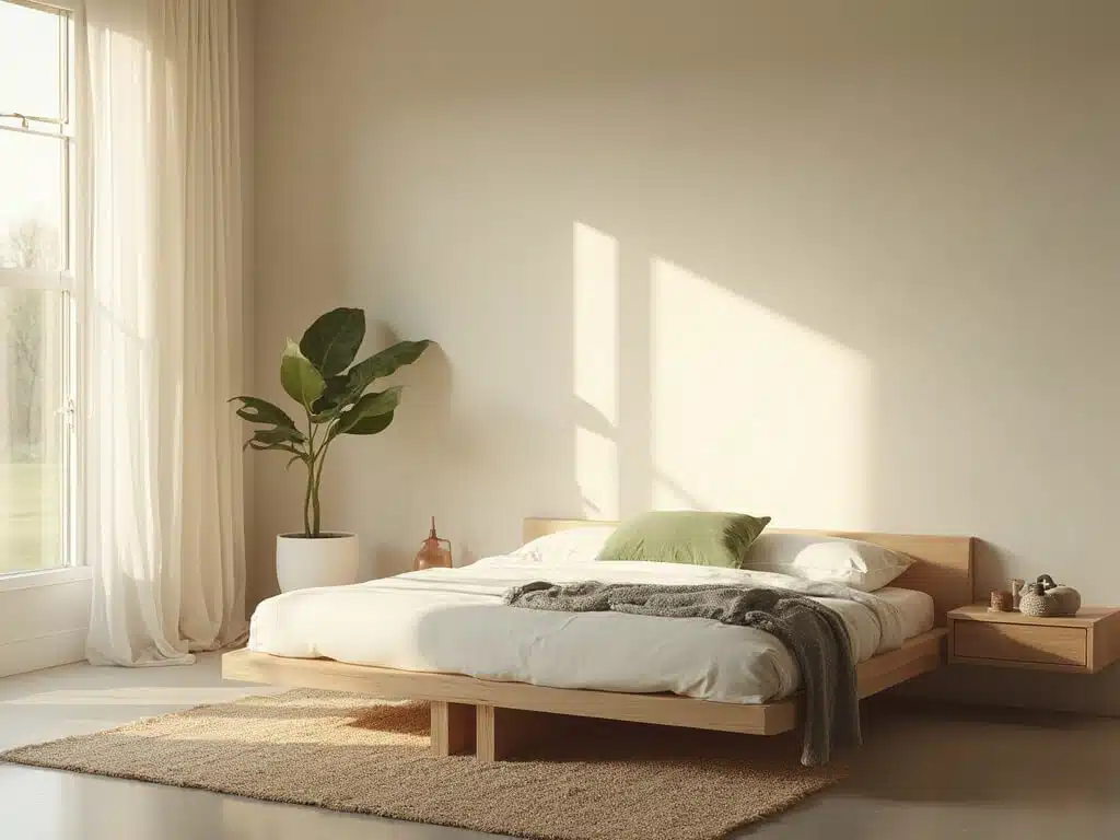"Minimalist bedroom sanctuary with platform bed, neutral linens and serene morning light"