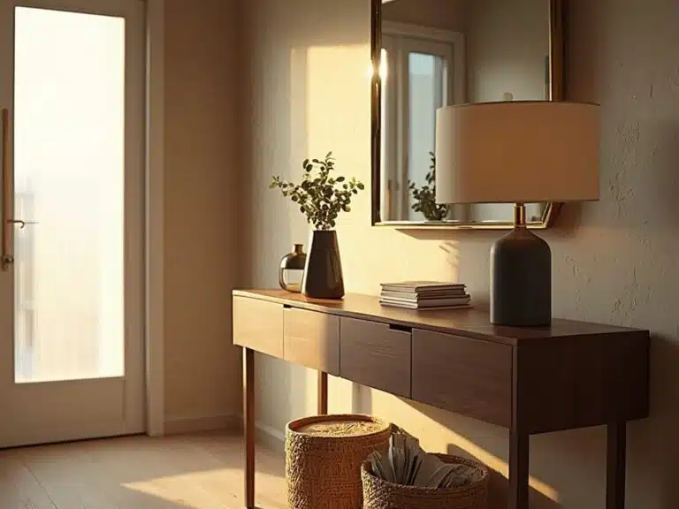 "A walnut console with brass mirror and ceramic lamp in a cozy apartment entryway with greige grasscloth wallpaper"