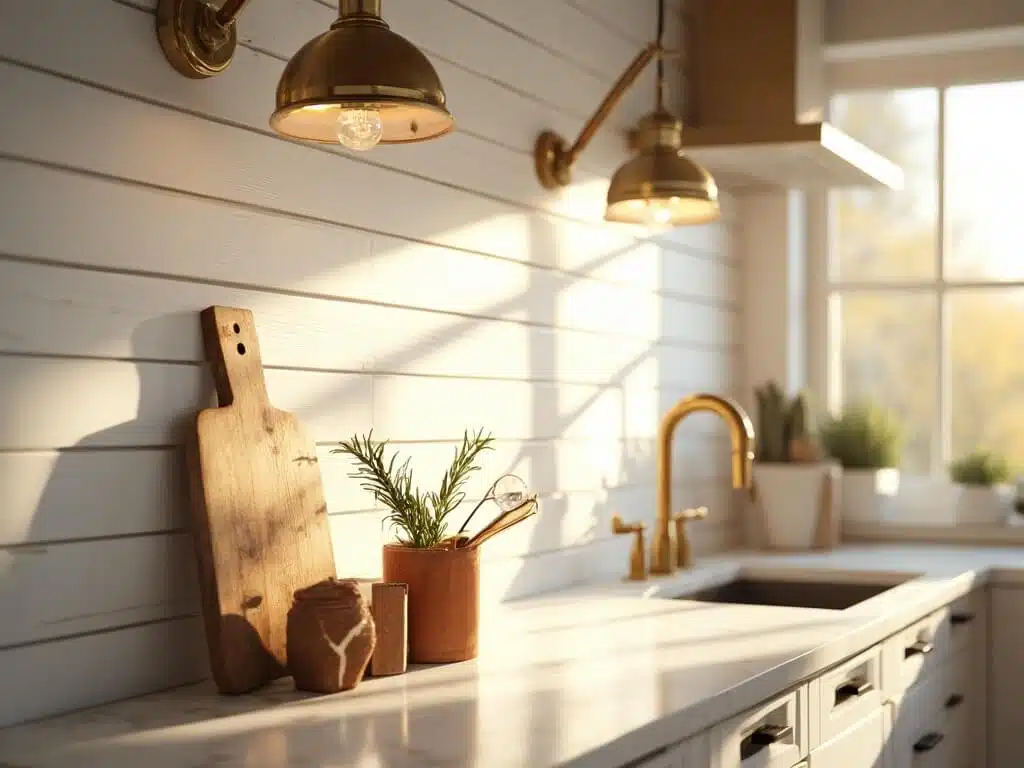 "Sunlit modern farmhouse kitchen with white shiplap backsplash, brass hardware, marble countertops and distressed wood accessories"