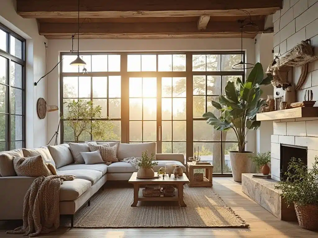 "Interior of a modern farmhouse with shiplap walls, exposed beams, neutral textiles, and vintage elements bathed in warm natural light."
