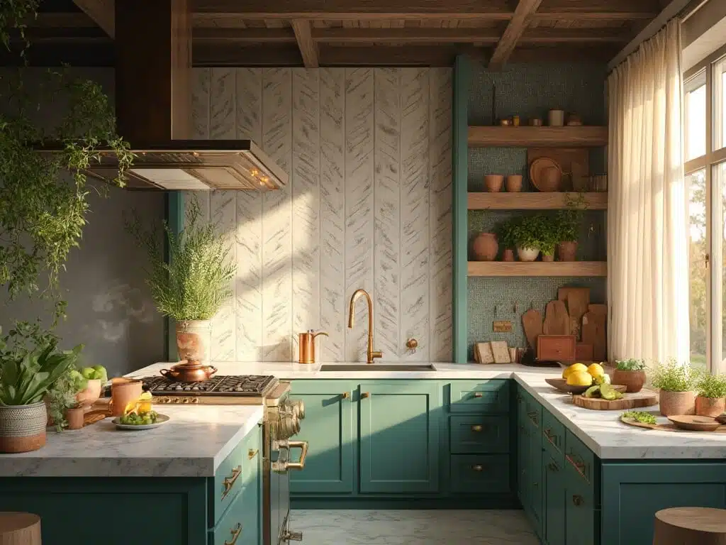 "Grey herringbone and emerald tiles in a modern kitchen with marble backsplash, butcher block counters, brass fixtures, and sunbeams highlighting unique textures."