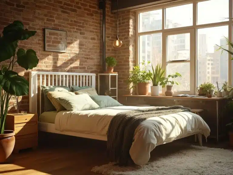"Sunlit minimalist loft bedroom with white frame bed, oak desk, industrial accents, and lush plants against exposed brick wall"