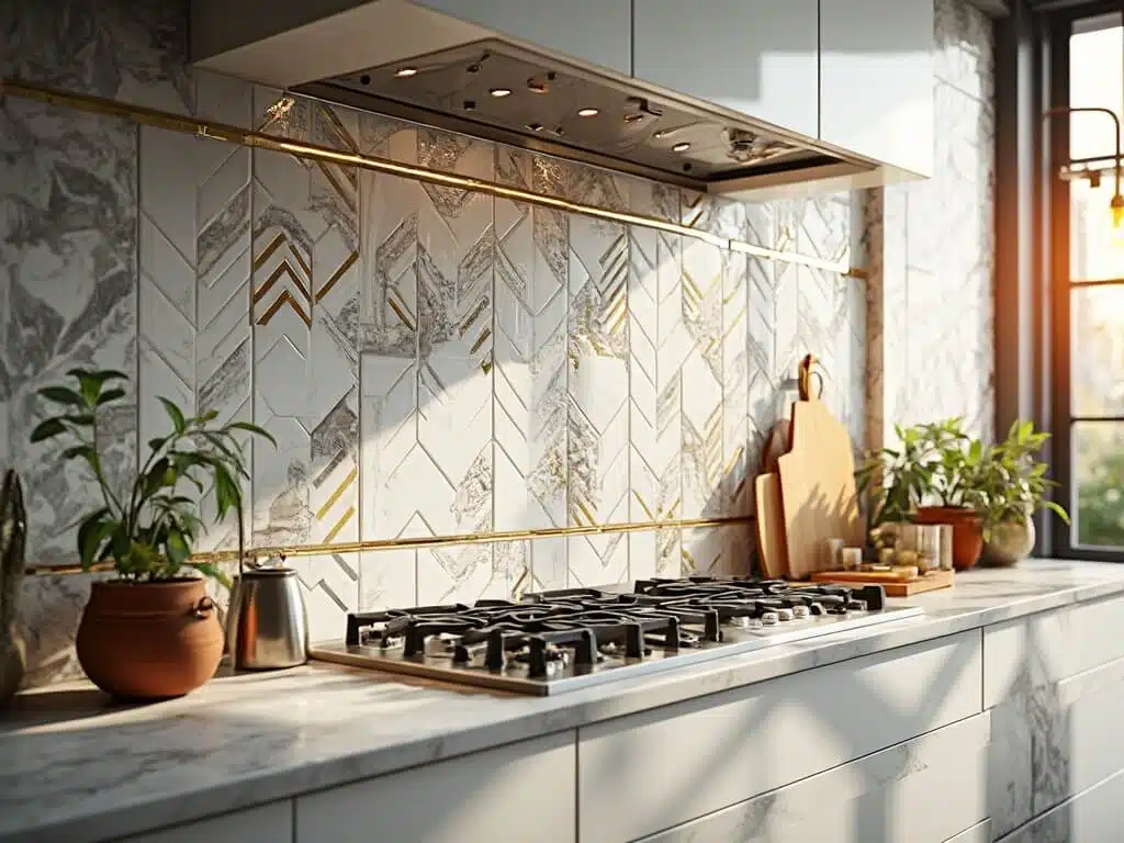 "Luxurious modern kitchen with intricate geometric tile backsplash, marble countertops, and warm metallic accents under golden hour lighting"