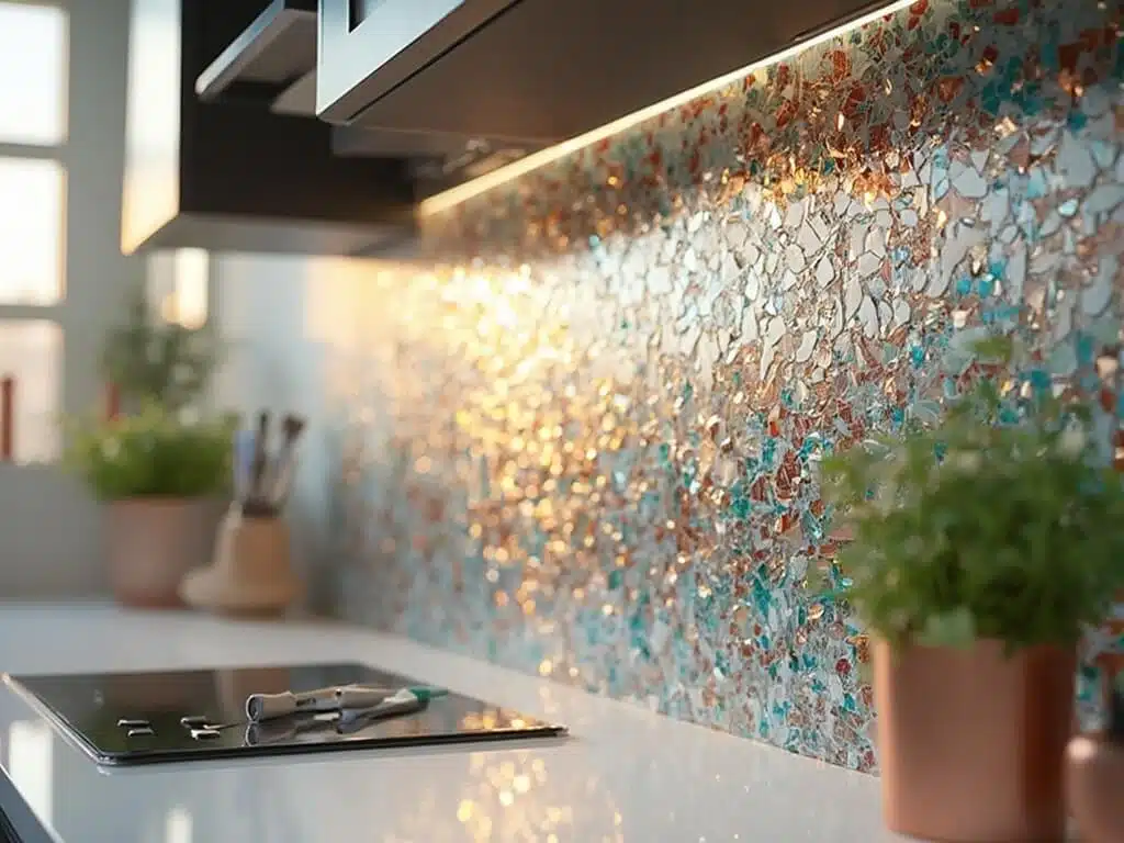 "Close-up of a mosaic tile backsplash installation with iridescent glass and ceramic tiles, with adhesive, professional tools, and a modern kitchen background"