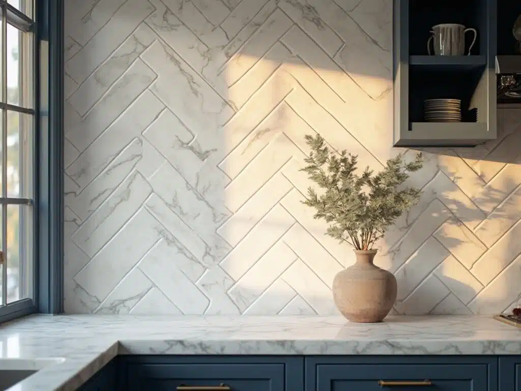 "Modern kitchen with white marble herringbone backsplash, navy blue cabinets with brass hardware, and golden sunlight reflecting off surfaces"