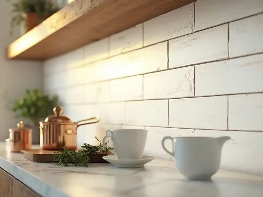 "Rustic shiplap wood panel kitchen backsplash with modern styling, warm lighting, and fresh herbs in soft focus"