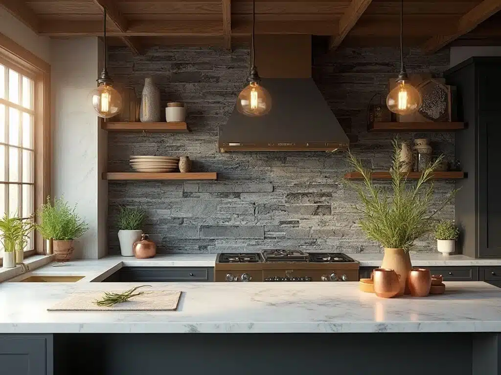 "Modern kitchen with charcoal gray ledgestone backsplash, white quartz countertops, matte black cabinets, floating walnut shelves, and sunlight highlighting natural textures and materials."