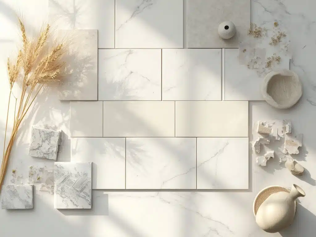"Overhead view of neutral backsplash tile samples including subway tiles, zellige squares, and herringbone marble pieces arranged on white marble surface with design swatches and hardware pieces, in soft morning light"