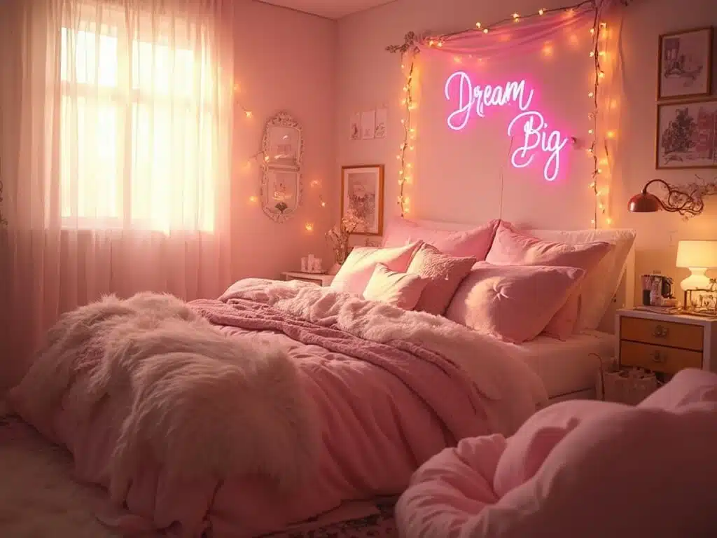 "Dreamy pink dorm room during golden hour with blush pink bedding, fairy lights, velvet textures, 'Dream Big' neon sign and rose gold desk lamp"