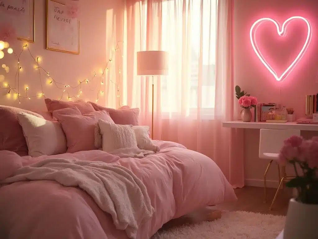 "Stylish dorm room with blush bedding, fairy lights, gold accents, and sheer curtains under soft sunlight"