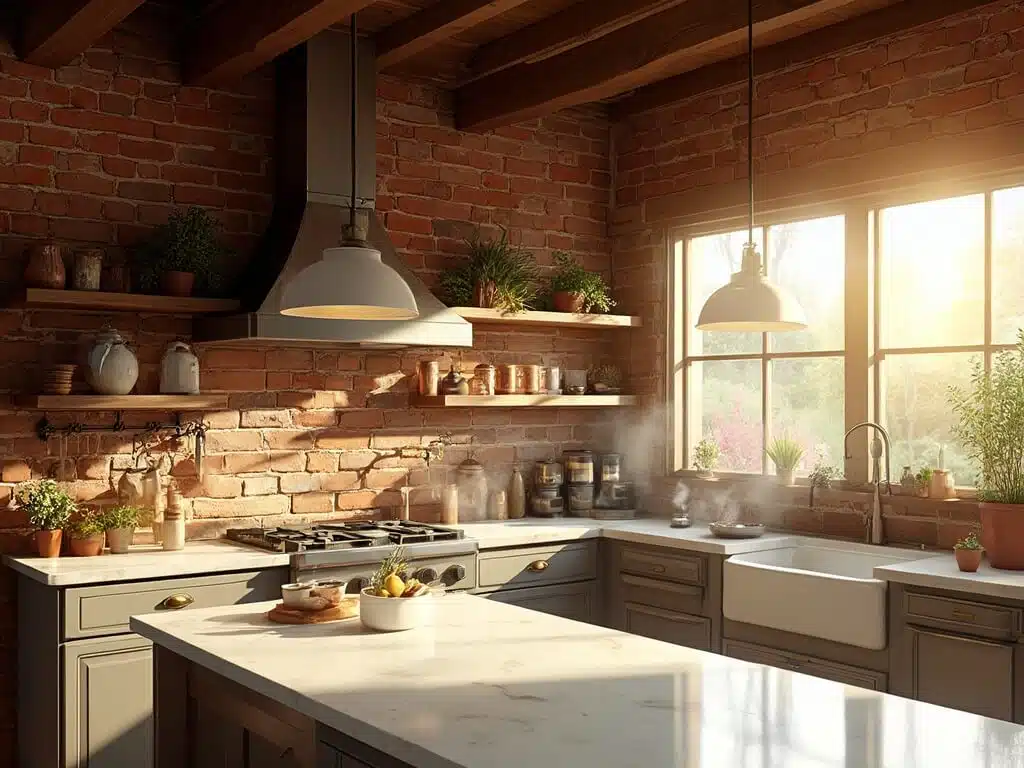 "Modern farmhouse kitchen with rustic brick backsplash, exposed wooden beams, vintage ceramic jars and fresh potted herbs on a marble island, in soft morning light."