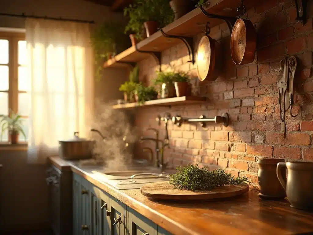 "Rustic farmhouse kitchen with weathered brick, terracotta tile backsplash, and reclaimed wood textures, featuring a sun-soaked interior, fresh herbs, and copper cookware."