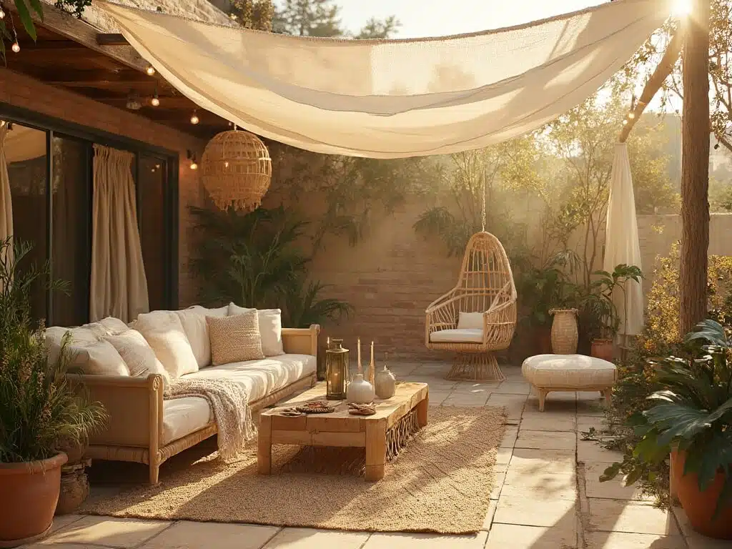 "Scandinavian-Bohemian patio with rattan furniture, natural textures, and terracotta planters bathed in golden sunlight"