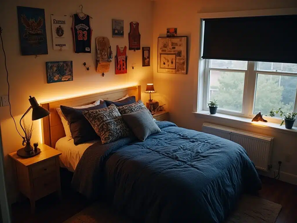 "Stylish male dorm room with navy bedding, LED lights, vintage memorabilia, organized workspace and under-bed storage"