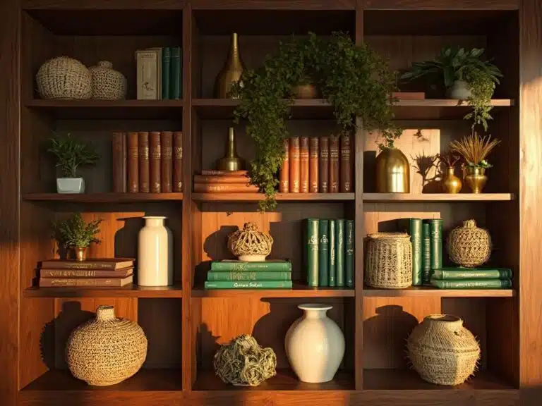 "Stylish bookshelf with vintage leather books, brass sculptures, and macrame on walnut shelves during golden hour"