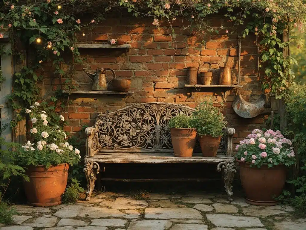 "Vintage garden setting featuring a weathered cast-iron bench, terracotta pots with ivy and petunias, climbing roses on an aged brick wall, antique watering cans, distressed planters, string lights, and vintage tools during golden hour."