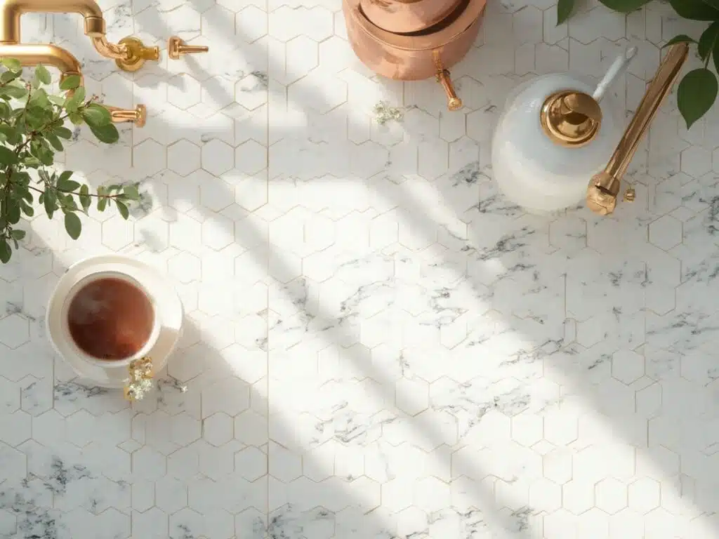 "Overhead view of a modern white kitchen with subway tiles, marble hexagon tiles, black-white geometric patterns, brass fixtures, and steam rising from a coffee cup"